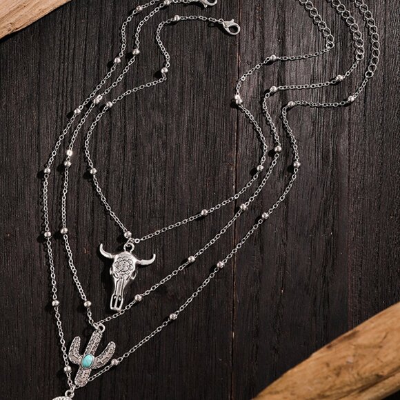 B253 Silvery Western Steer Cactus Pendant Adjustable Multi Layer Necklace - Picture 4 of 6
